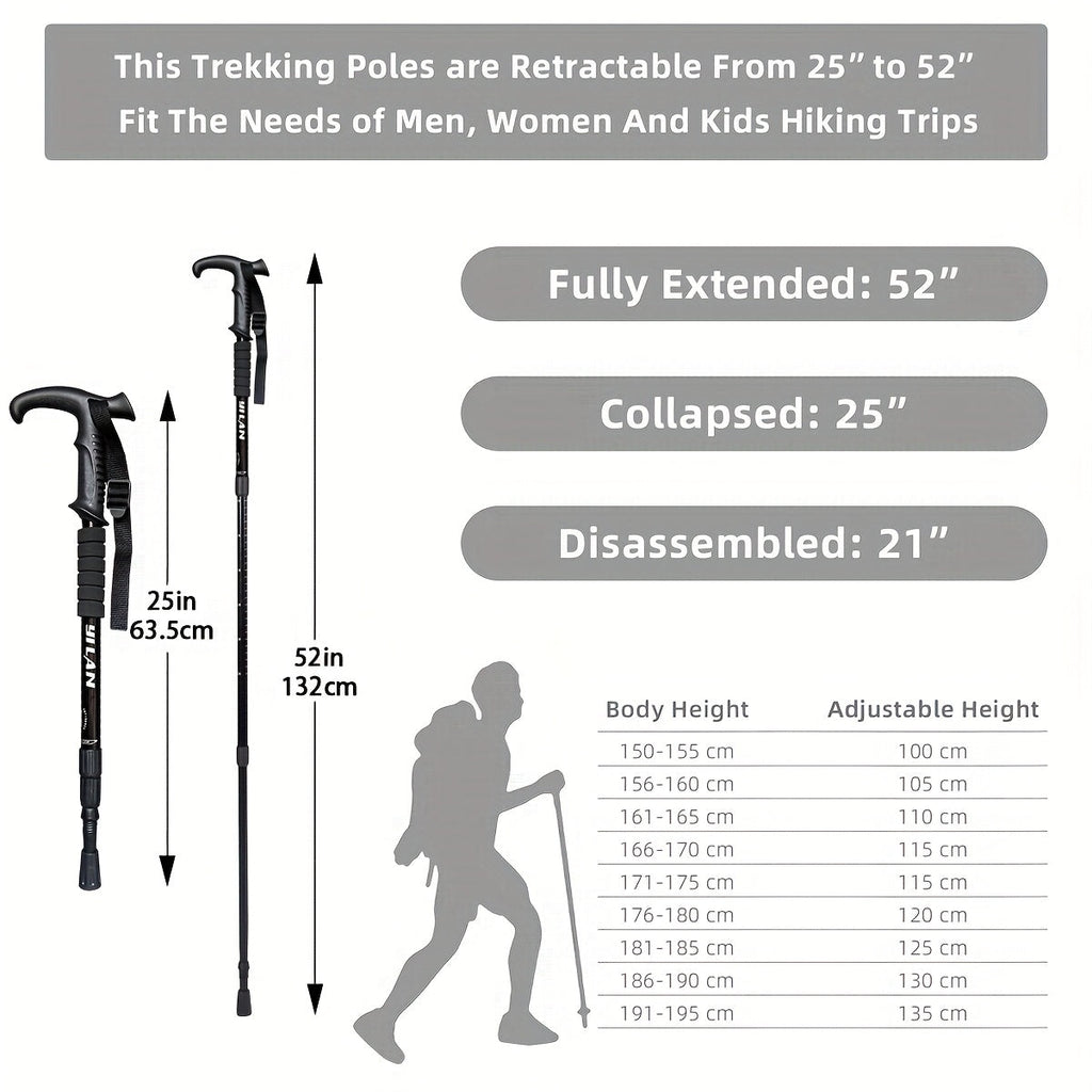 Ultra-Light Aluminum Trekking Pole - 3-Section Telescopic Hiking Stick