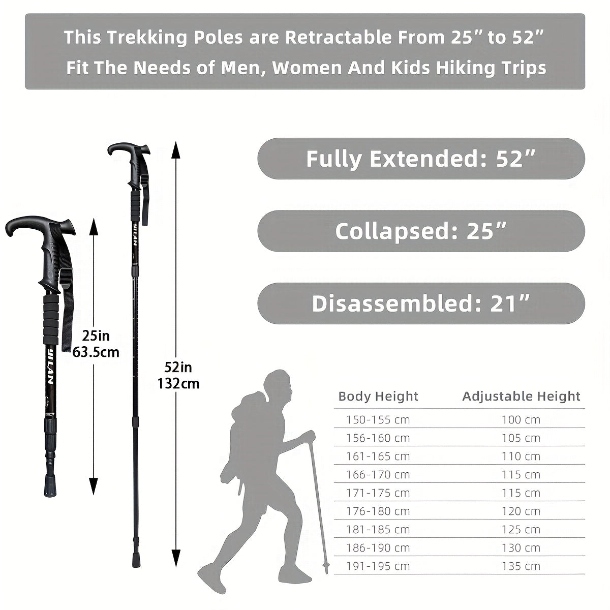 Ultra-Light Aluminum Trekking Pole - 3-Section Telescopic Hiking Stick