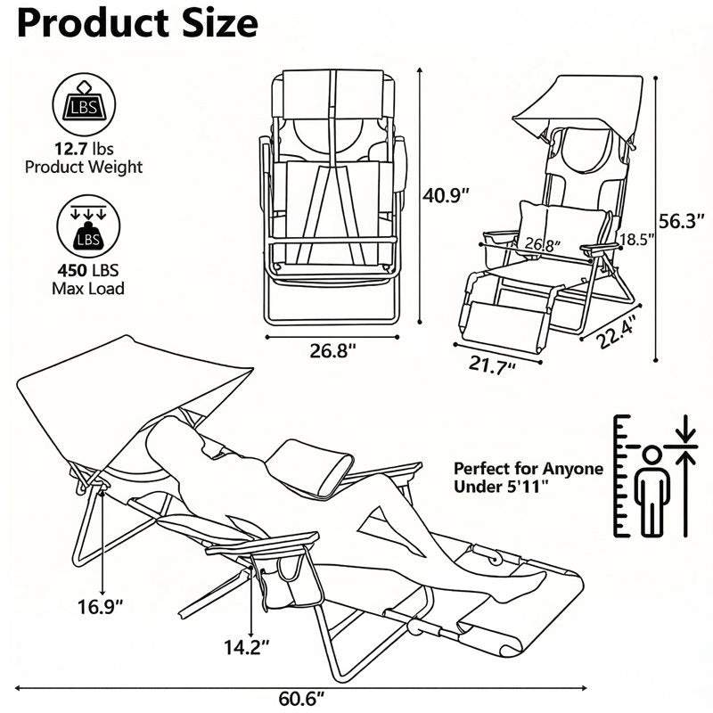 Reclining Backpack Beach Chair with Sunshade for Tanning & Patio