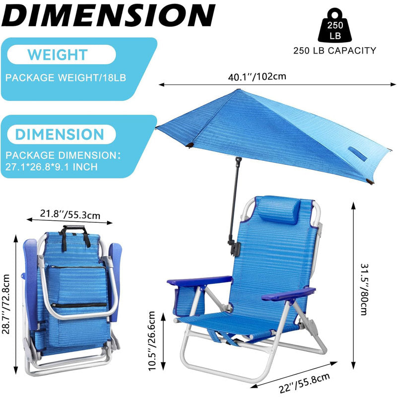Backpack Beach Chair with 360° Umbrella & 5-Position Recline