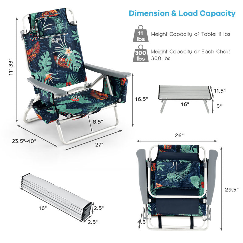 3-Piece Folding Beach Chair Set with Side Table - Portable Recliner