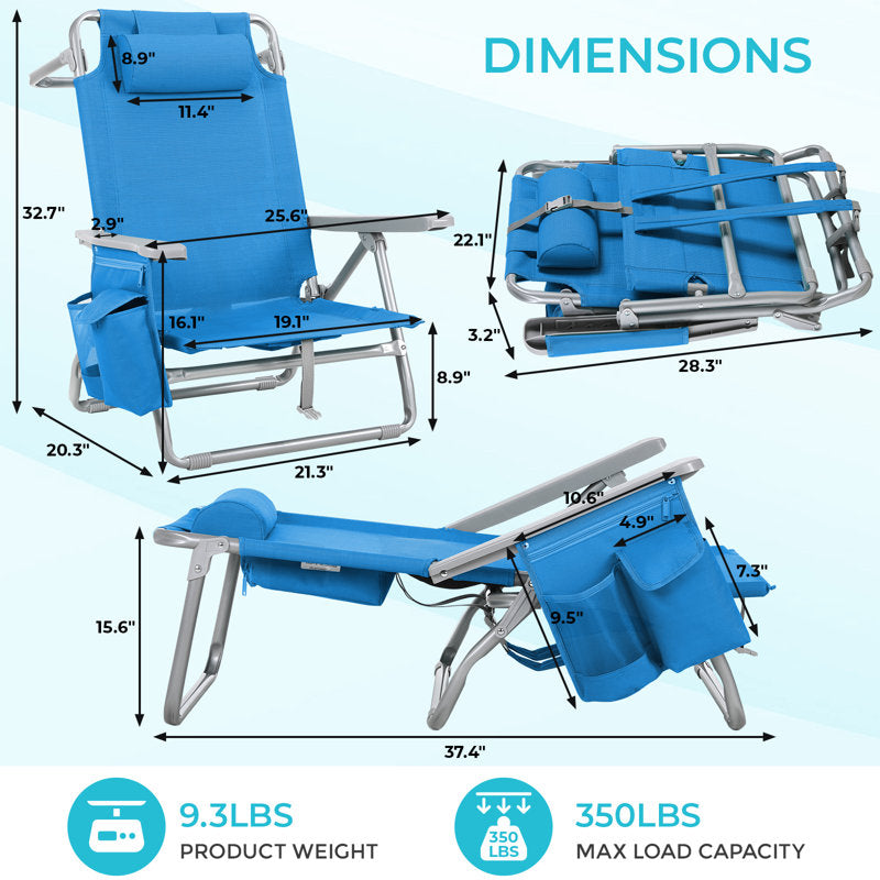 Set of 2 Wide Backpack Beach Chairs - 5-Position Lay Flat Folding